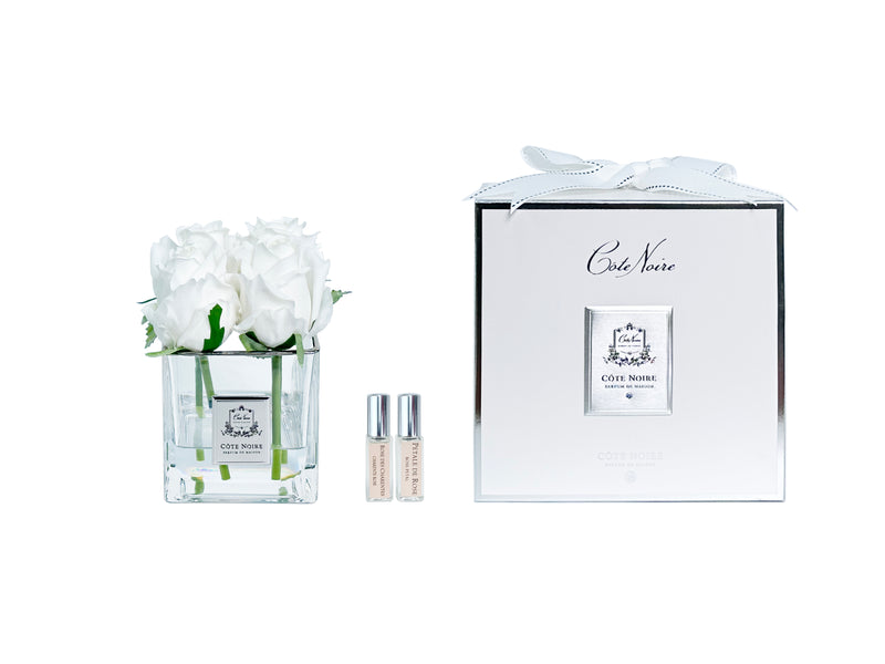 Couture Perfumed Natural Touch 4 Rose Buds - Square Clear Vase Silver & Ivory White
