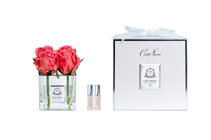 Cote Noire Couture 4 Rose Buds - Square Clear Vase - Silver & Peach - SVS405