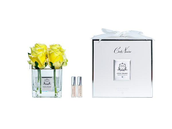 Couture Perfumed Natural Touch 4 Roses -Square Clear Vase Silver & Yellow