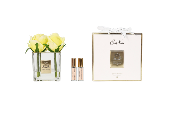 ** NEW - LIMITED ** Cote Noire Couture 4 Rose Buds - Square Clear Vase - Gold & Yellow - SVC408