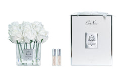 Couture Perfumed Natural Touch 9 Roses - Square Clear Vase Silver & Ivory White