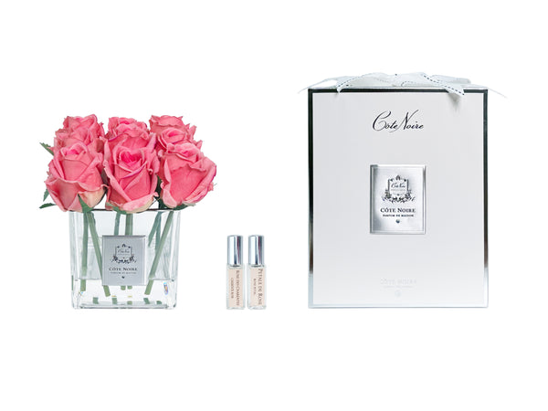 Couture  Perfumed Natural Touch 9 Roses - Square Clear Vase Silver & White Peach