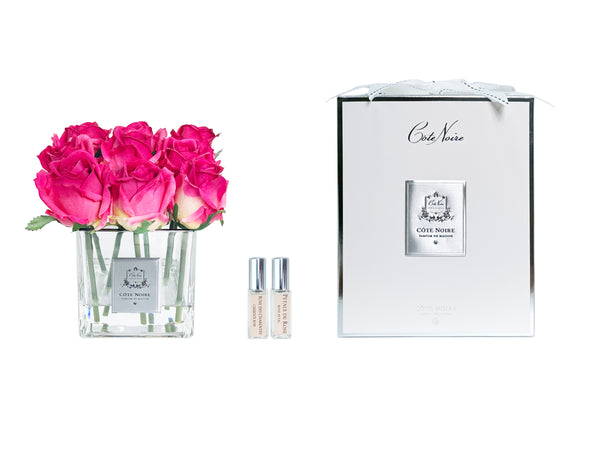 Couture Perfumed Natural Touch 9 Roses - Square Clear Vase Silver & Magenta
