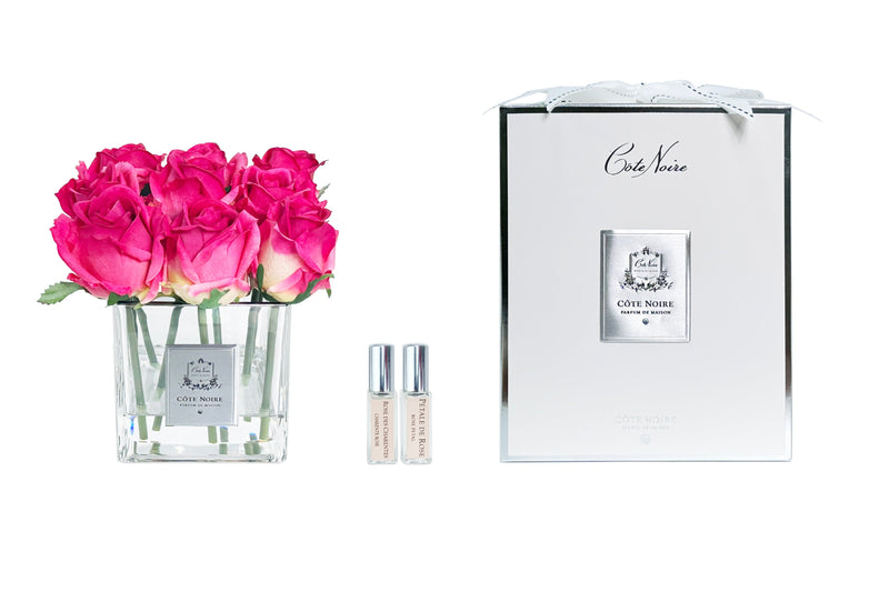 Couture Perfumed Natural Touch 9 Roses - Square Clear Vase Silver & Magenta