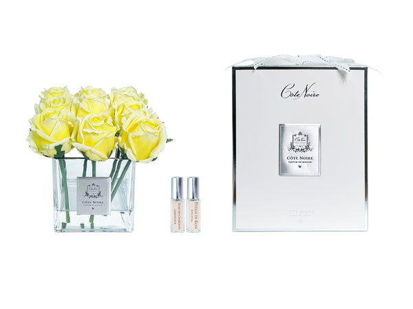 Couture Perfumed Natural Touch 9 Roses - Square Clear Vase Silver & Yellow