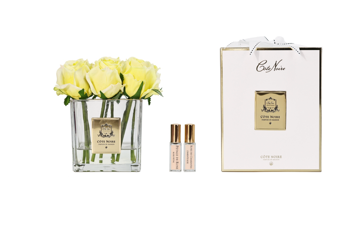 côte noire ** NEW - LIMITED ** Cote Noire Couture 9 Rose Buds - Square Clear Vase - Gold & Yellow - SVC908