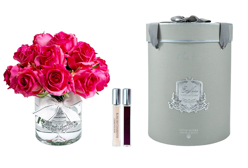 * NEW * Luxury Grand Rose Bud Bouquet - SILVER badge - Magenta - Grey box - LRB07