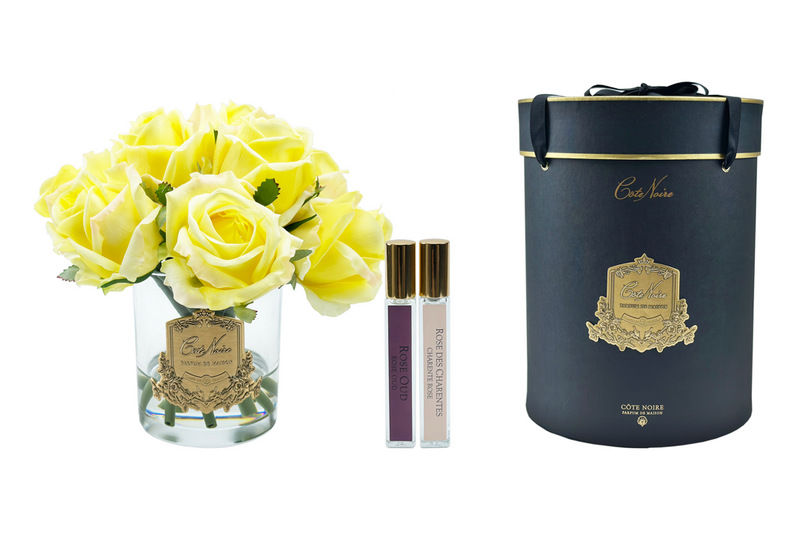 Cote Noire Premium Rose Bud Bouquet - Yellow - Clear - Gold Badge - GRB08