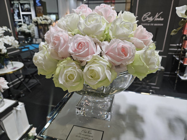 ** NEW ** Cote Noire Luxury Centrepiece 37 Rose Bud Bouquet - Pink, Green & White - Silver Badge - CPRB13