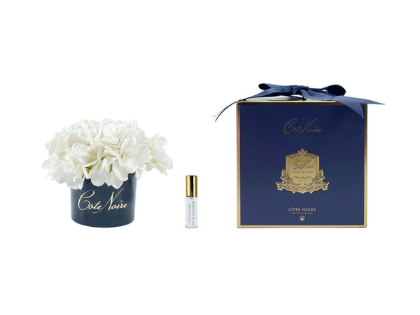 Cote Noire Perfumed Natural Touch Hydrangeas - White & Navy vase