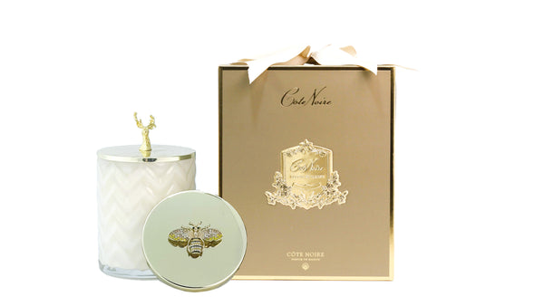 Cote Noire Christmas Edition- Saigon Garden scented Herringbone Candle - Cream & Gold - Reindeer Decorative Lid