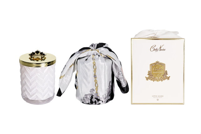 ** NEW ** Cote Noire Herringbone Candle with Scarf - White & Gold - Crown Brooch - Prosecco - HCG32