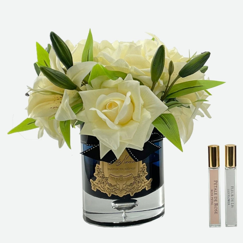 Cote Noire Luxury Lilies & Roses Bouquet - Dark Glass - Champagne - Gold Badge - LRLW05