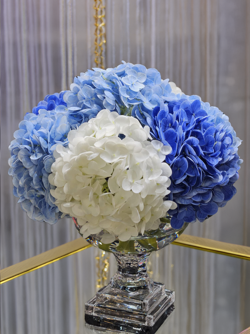 * NEW * Cote Noire Provence Hydrangea Bouquet - Medium Mixed Blue with Silver Badge