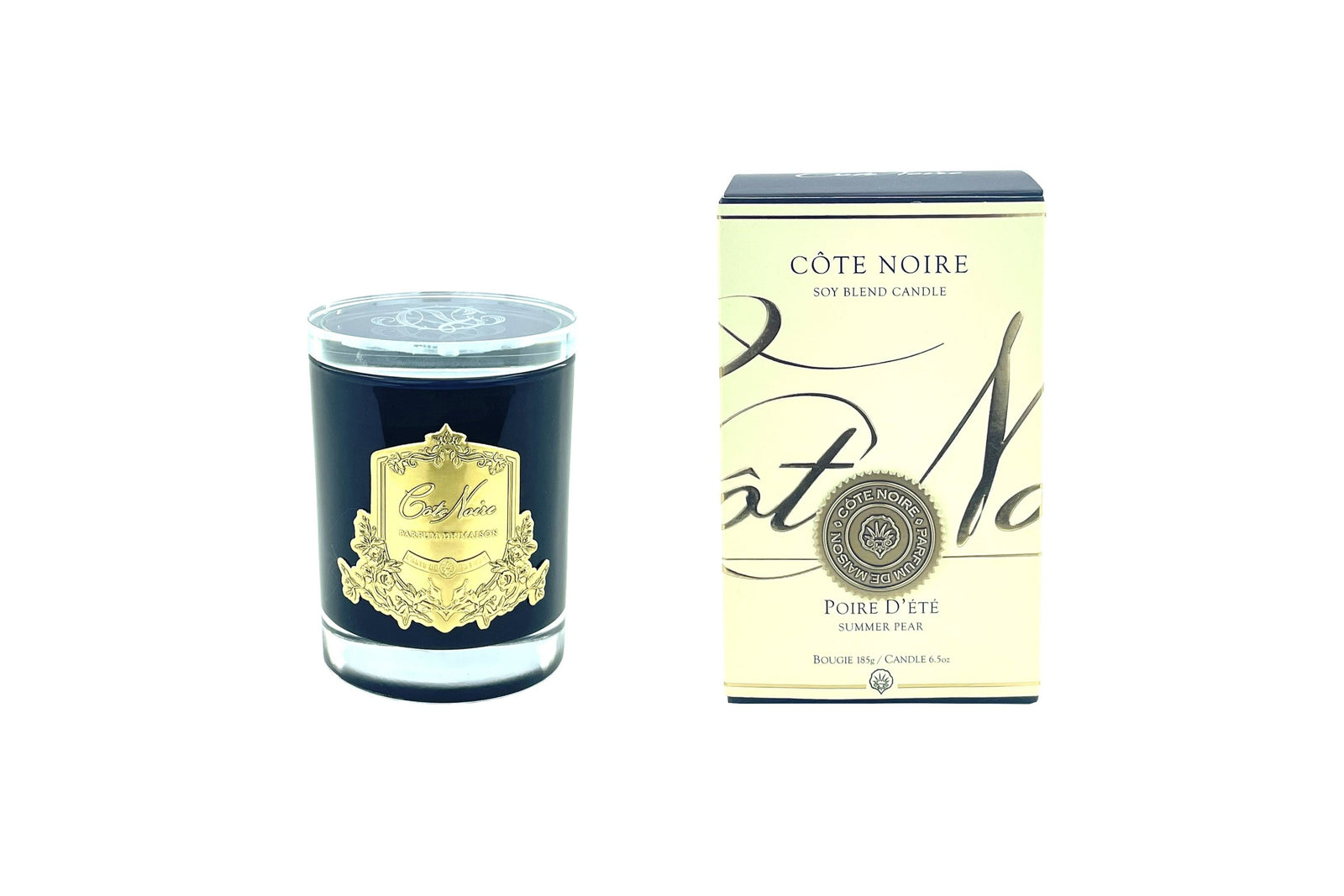 Cote Noire Candles - Dark Vessel with Gold Badge - Summer Pear
