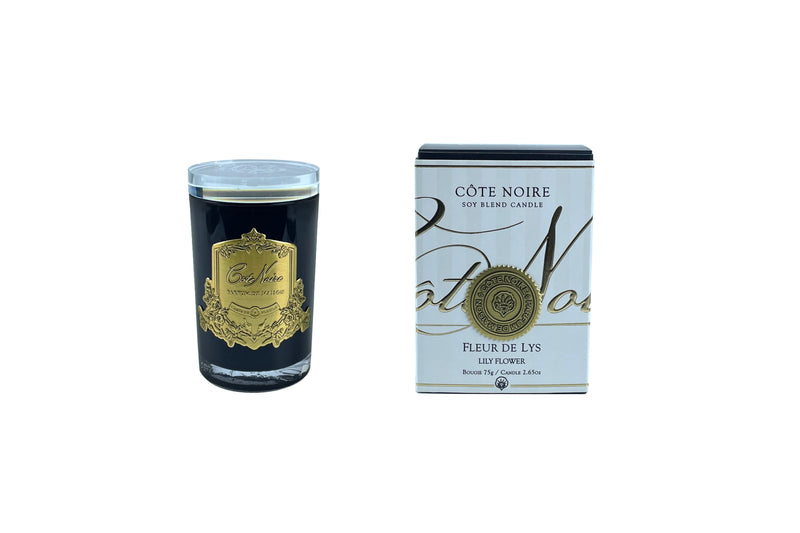 Cote Noire Candle - Dark Vessel with Gold Badge - Lily Flower