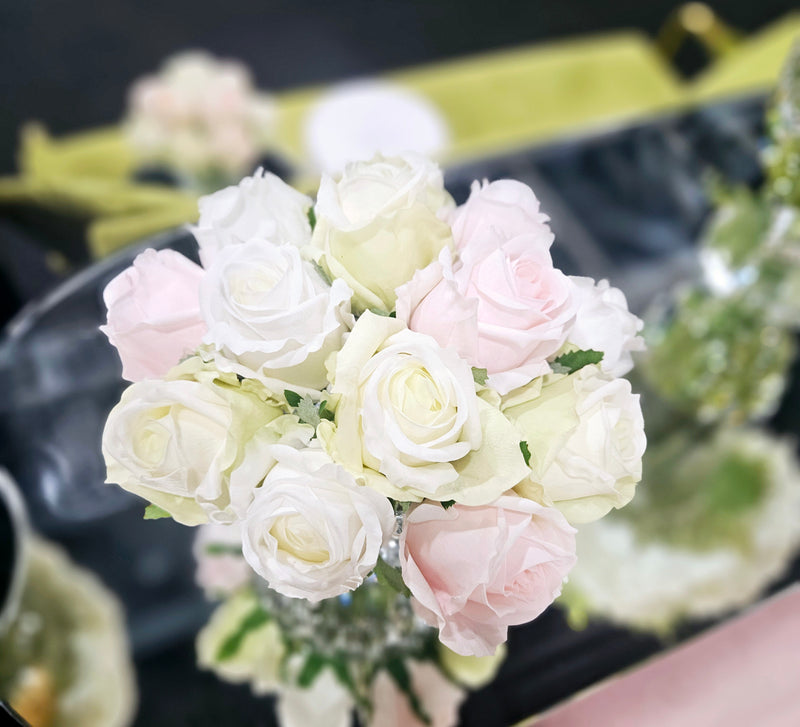 ** NEW ** Cote Noire Luxury Round 13 Rose Buds Bouquet - French Pink, Green & White - RRB13