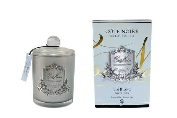 ** HALF PRICE ** Cote Noire Candle - 450g - Silver - White Linen