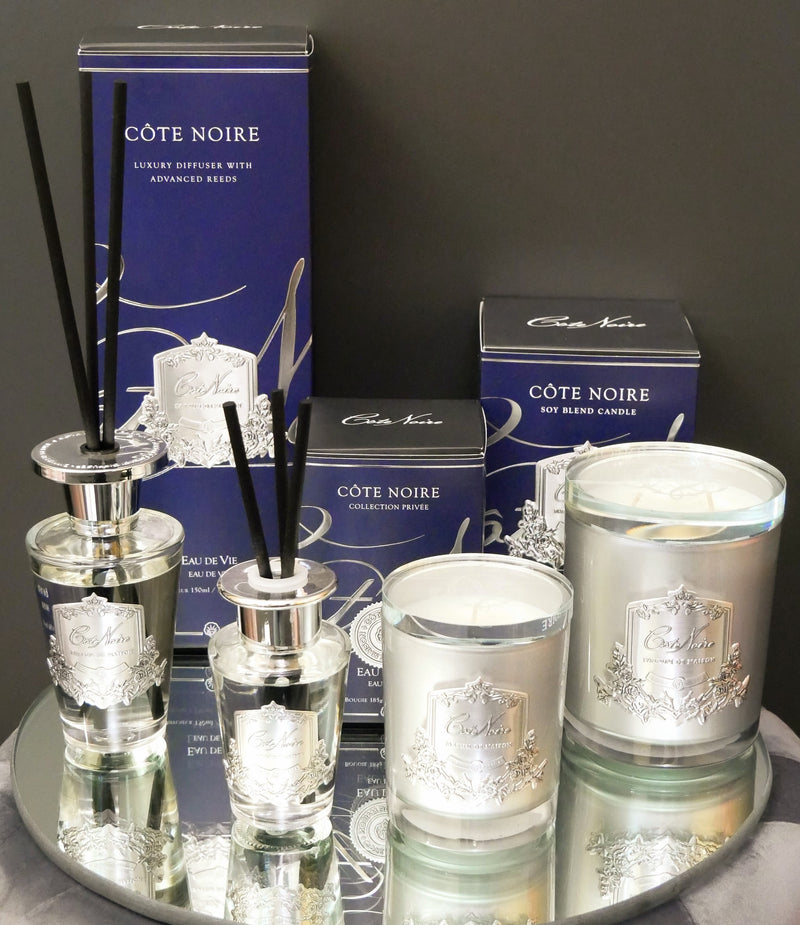 NEW Cote Noire Soy Blend Candle with Crystal glass lid - Eau De Vie - Silver