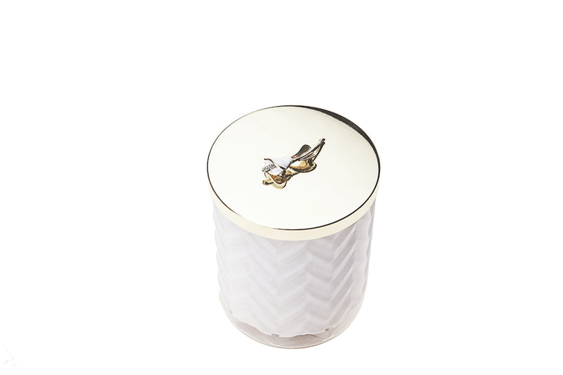 Cote Noire - Herringbone Candle With Scarf - White - Lilly Flower Lid - HCG06