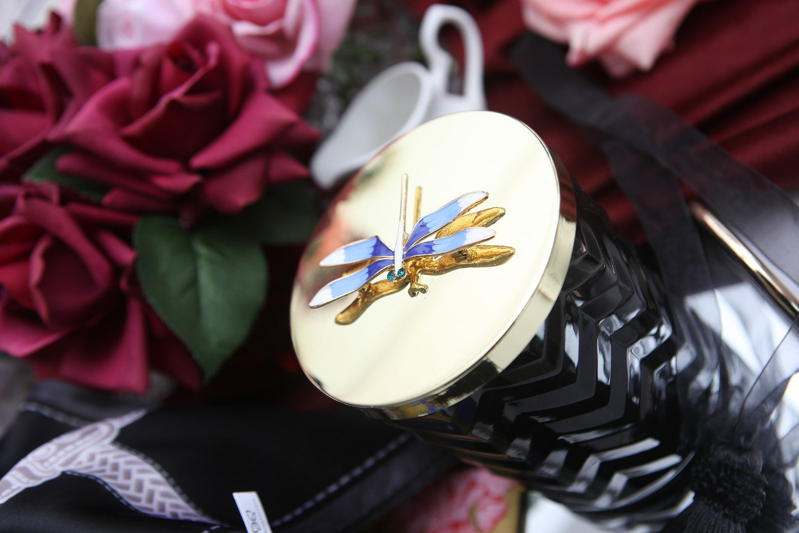 Navy & Gold Eau de Vie scented Herringbone candle & Dragonfly Lid