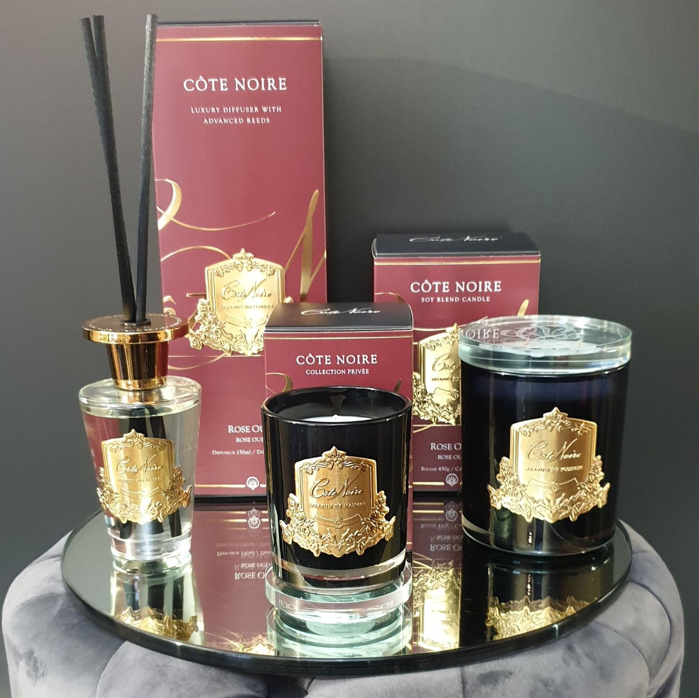Cote Noire Candle - Dark Vessel with Gold Badge - Rose Oud