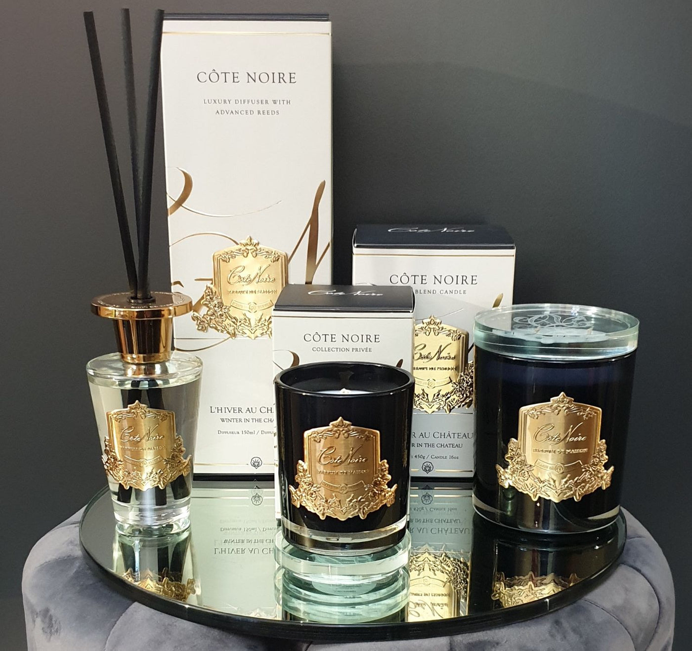 Cote Noire Candles - Dark Vessel with Gold Badge - Winter in the Chate