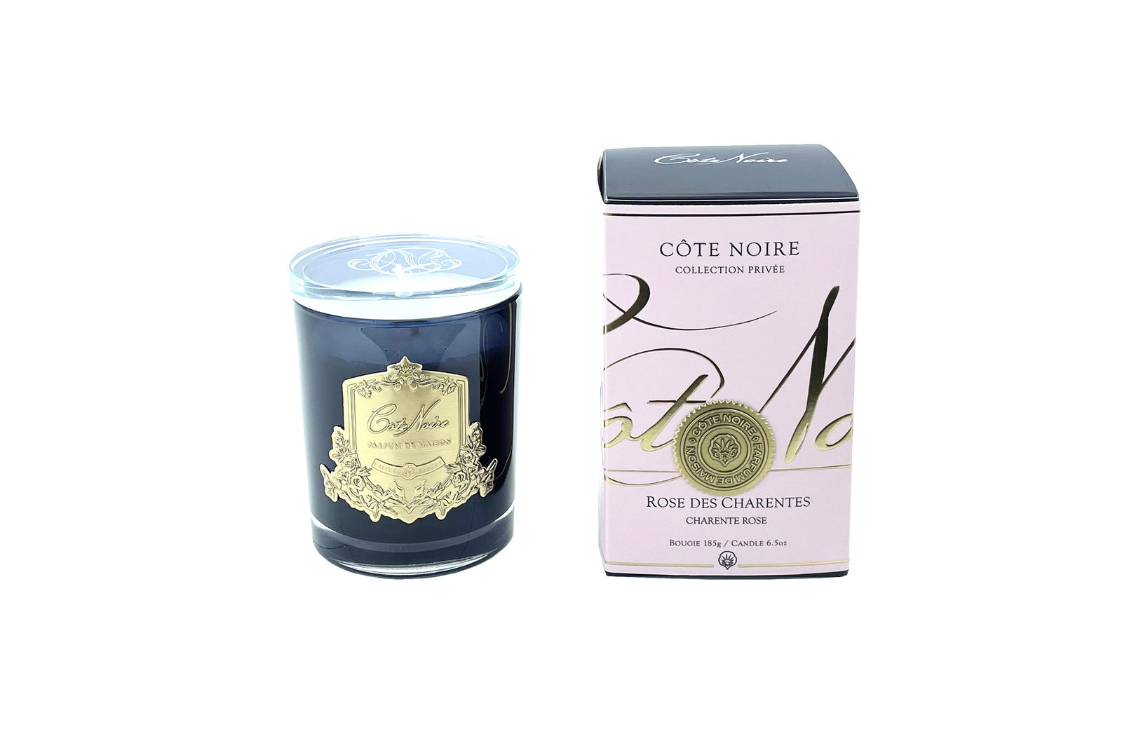 Cote Noire Candles - Dark Vessel with Gold Badge - Charente Rose